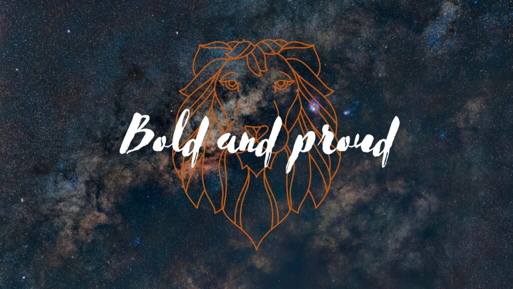 Sketched outline of a lion’s head in orange on top of a photo of a part of space. White cursive writing on top of it all reading “Bold and proud”.
