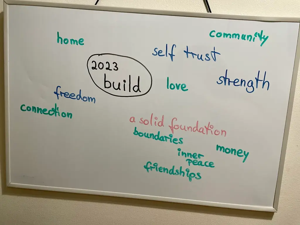 White board with 2023 build in the middle with a circle on it in black. Words surrounding this bubble in blue, green and red: home, community, self trust, strength, love, freedom, connection, a solid foundation, boundaries, money, inner peace, friendships.