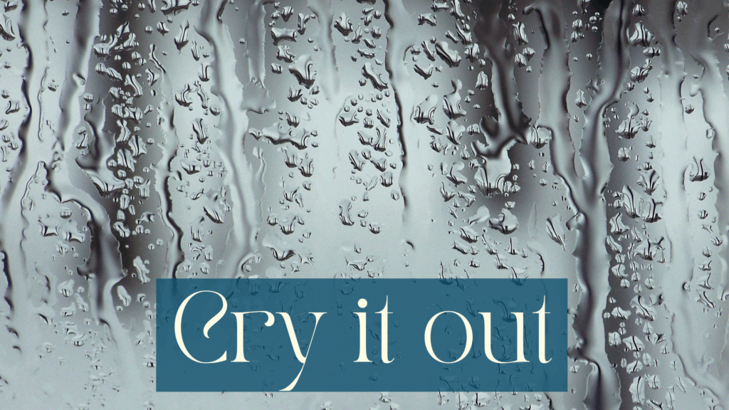 Close up of rain pouring down a window; the background is blurred and black and white, so you can’t really see through the glass. White writing on half transparent petrol background says Cry it out
