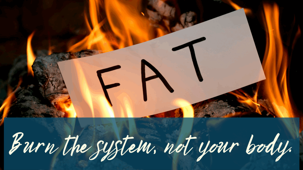A piece of paper with the word FAT in black letters written on it lying on a heap of burning coal. The flames are starting to consume the paper. The whole thing is probably meant to convey the message of burning fat. Write cursive writing on a half transparent petrol background at the bottom says: Burn the system, not your body.