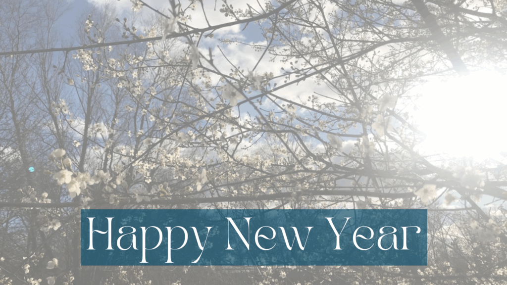 Hazy picture of a tree flowering and the blue sky with some white clouds beyond it, the sun on the right shining bright through the branches. At the bottom, white writing on half transparent petrol background saying Happy New Year