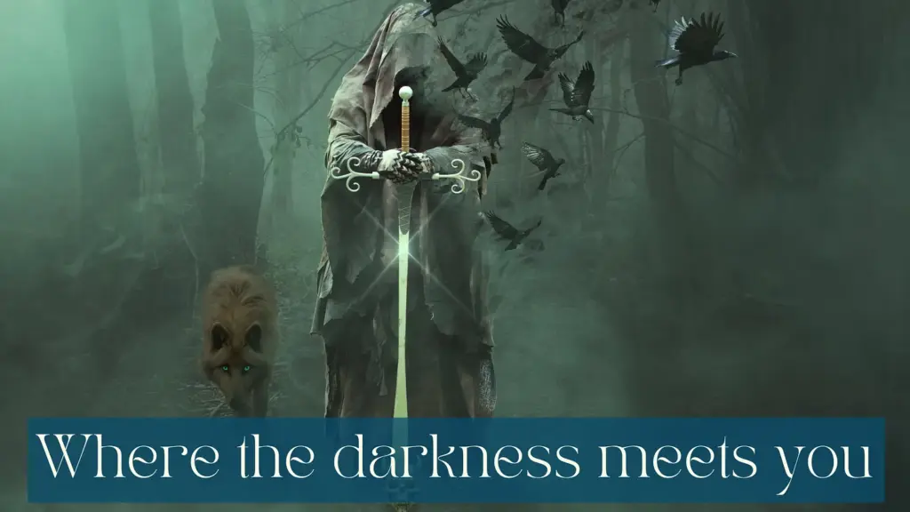 AI generated image (I know, don’t @ me) of a scene in the woods, all green and foggy, with a cloaked witch without a face in the foreground. They’re holding a big sword balanced on the ground. To their left is a grey wolf with blue eyes and there are crows flying from their hood. White wirting on half transparent petrol background saying Where the darkness meets you
