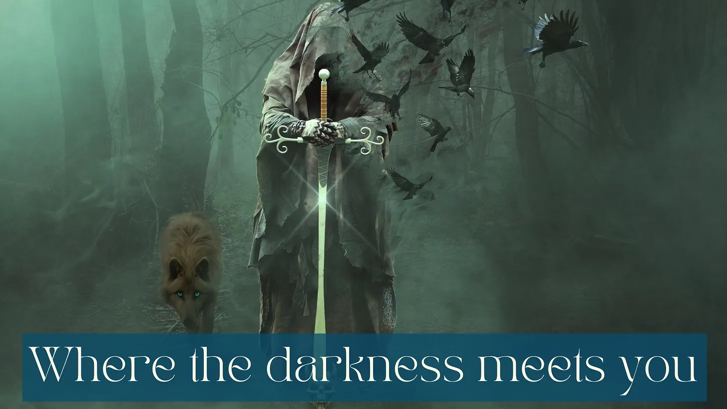 AI generated image (I know, don’t @ me) of a scene in the woods, all green and foggy, with a cloaked witch without a face in the foreground. They’re holding a big sword balanced on the ground. To their left is a grey wolf with blue eyes and there are crows flying from their hood. White wirting on half transparent petrol background saying Where the darkness meets you